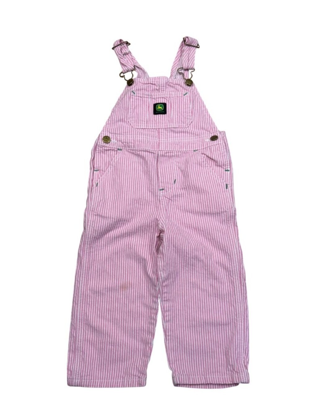 John Deere Pink & White Striped Overalls Kids Size 3T Adjustable Straps Cotton